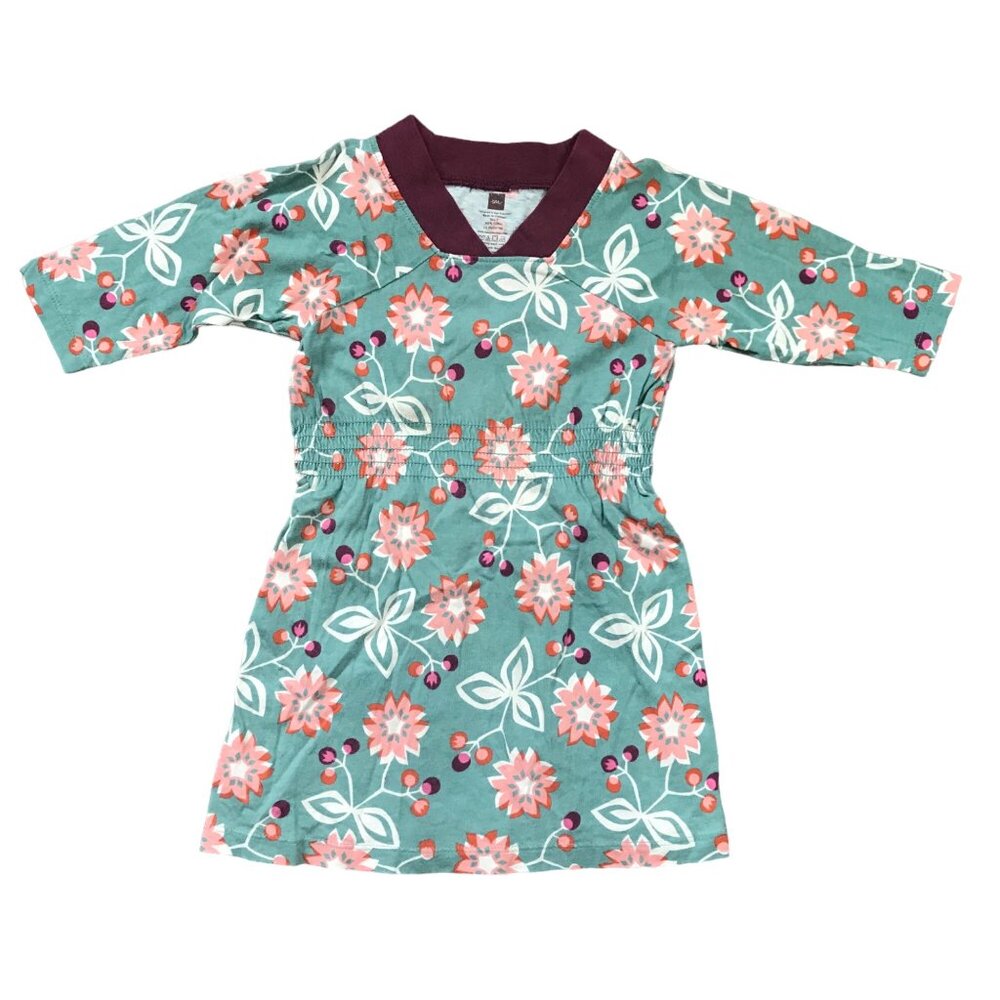 Tea Collection Floral Knit Dress Toddler Girls 2 Multicolor V-Neck 100% Cotton - Picture 1 of 12